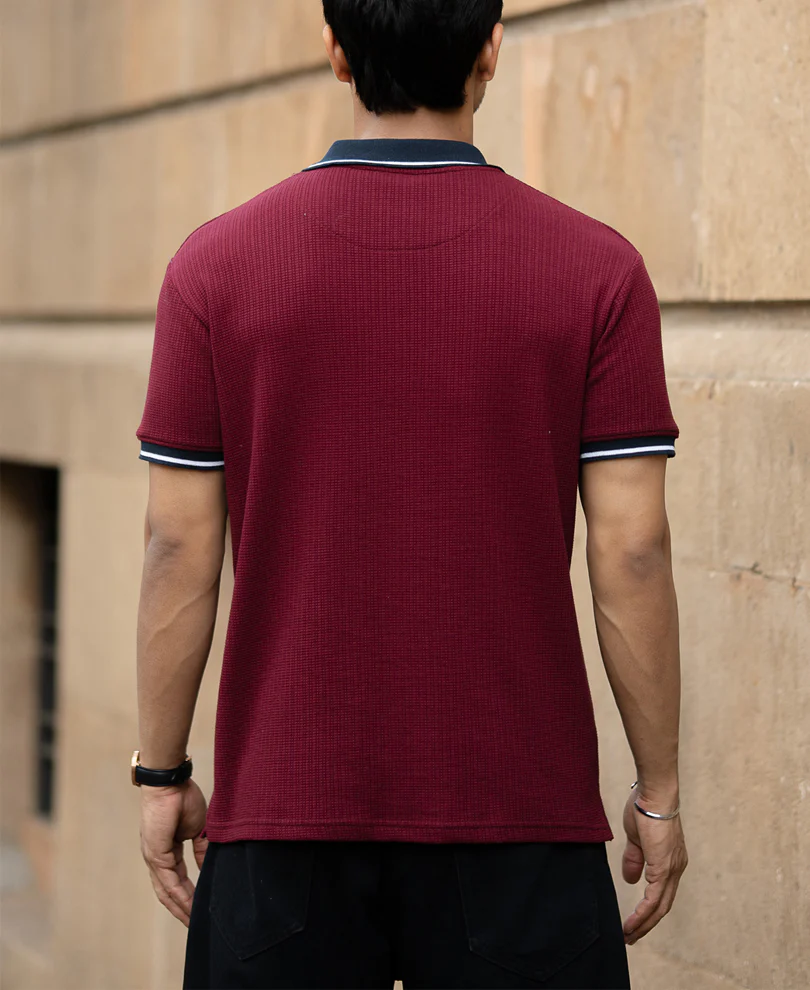 Wine Contrast Collar T-Shirt - Image 5