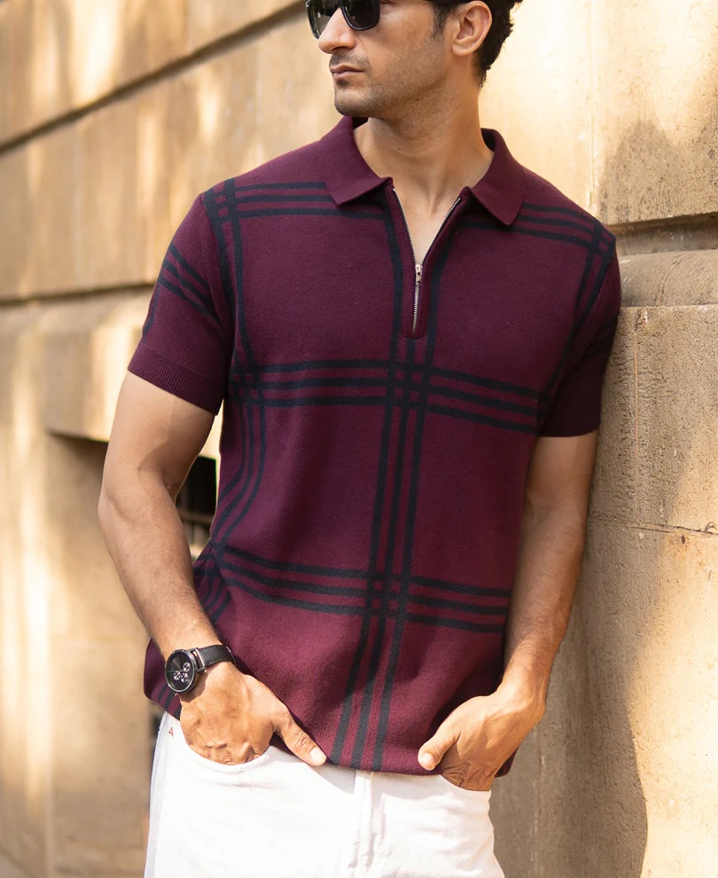 Wine Knitted Checks T-Shirt - Image 3