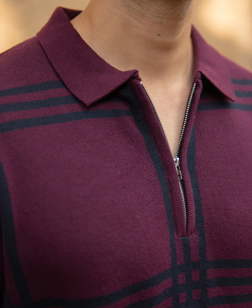 Wine Knitted Checks T-Shirt - Image 4