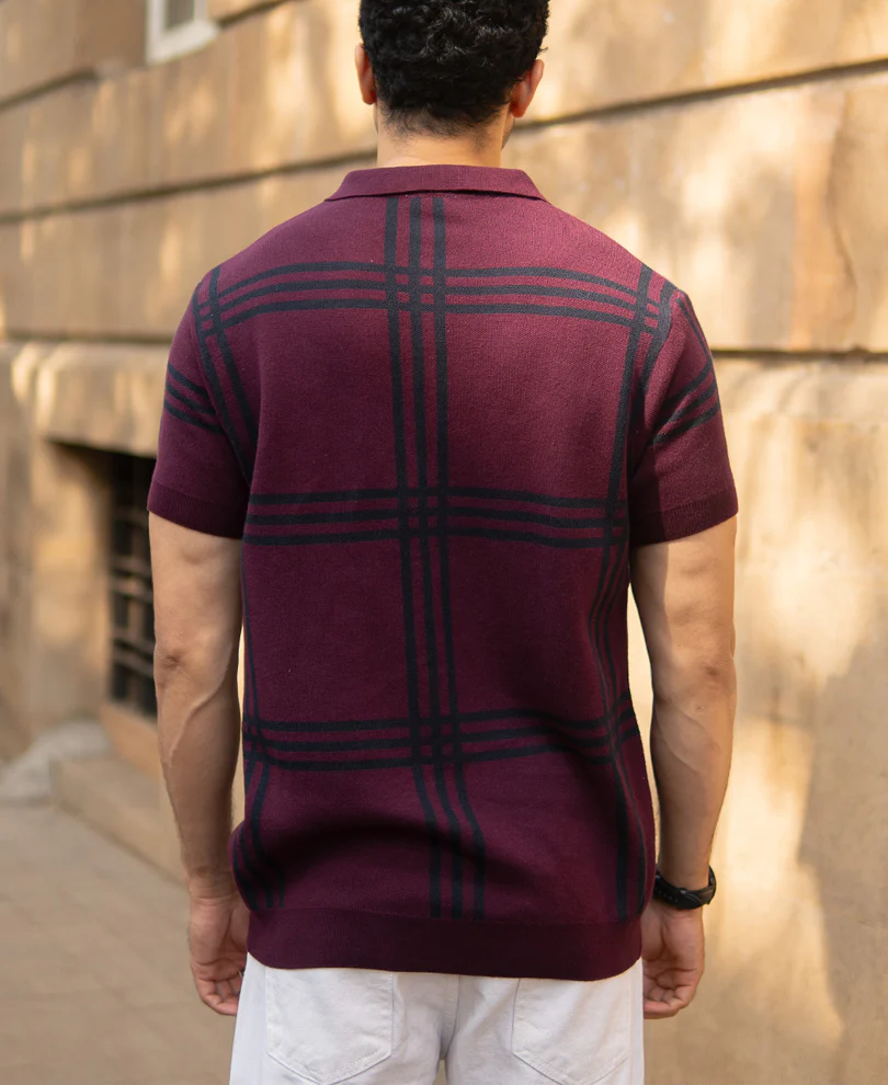 Wine Knitted Checks T-Shirt - Image 5