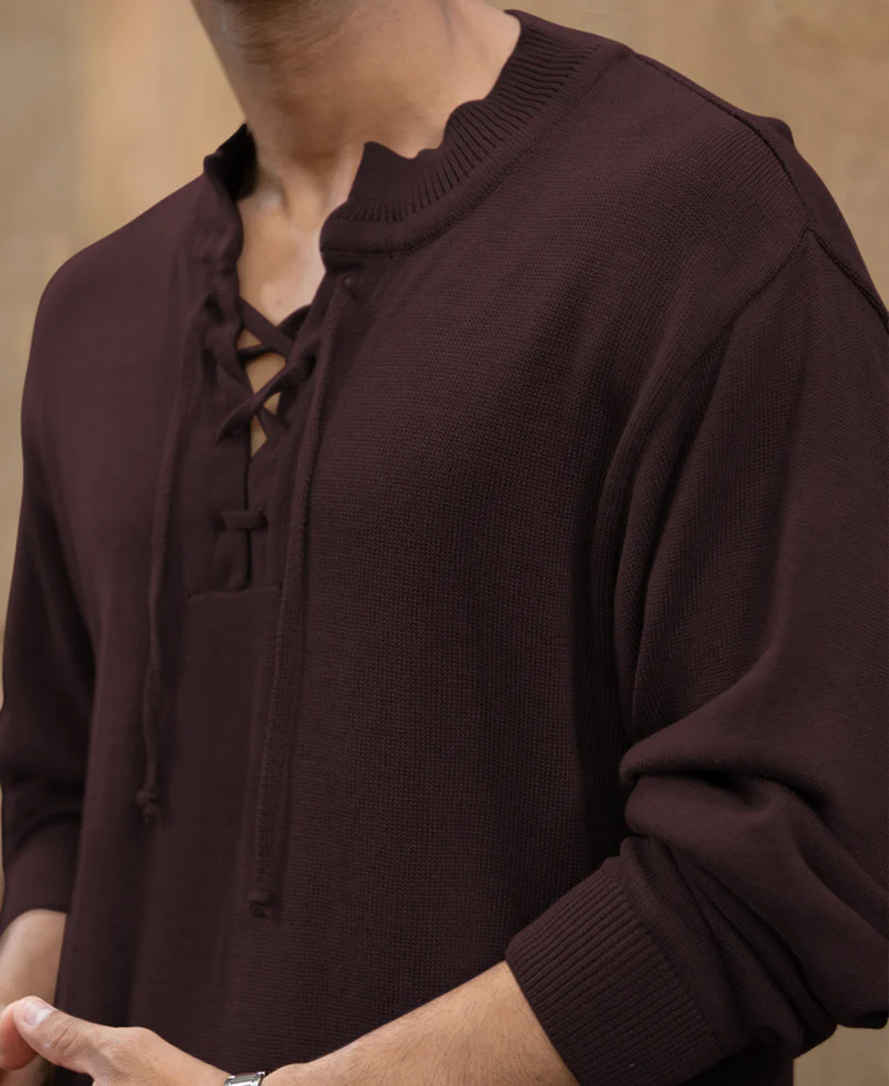Wine Knitted Henley T-Shirt - Image 2