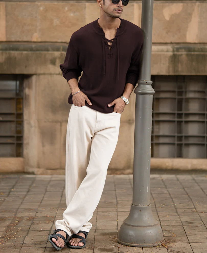 Wine Knitted Henley T-Shirt - Image 5