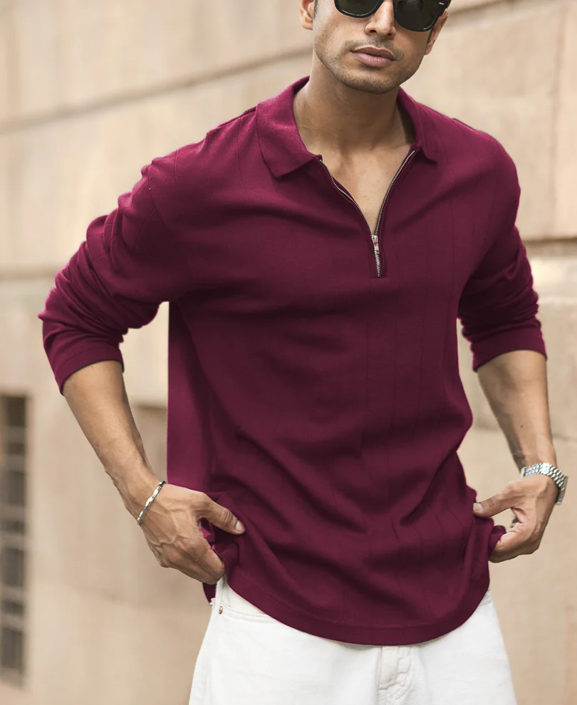 Wine Knitted Zipper Polo T-Shirt - Image 3