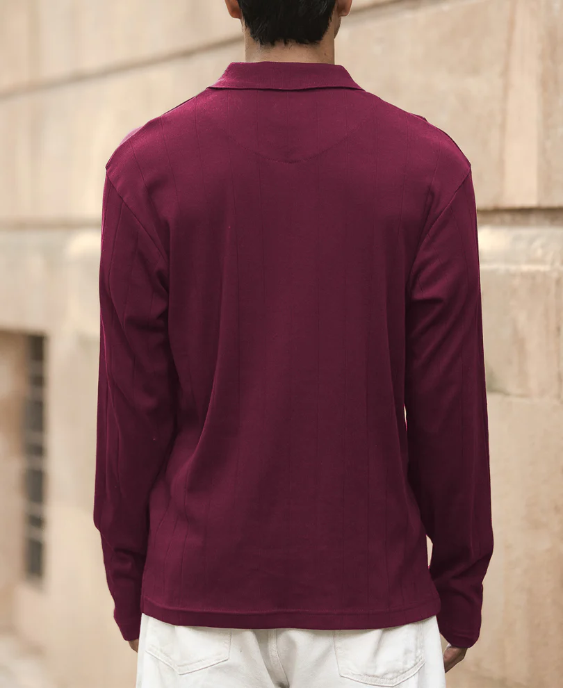 Wine Knitted Zipper Polo T-Shirt - Image 5