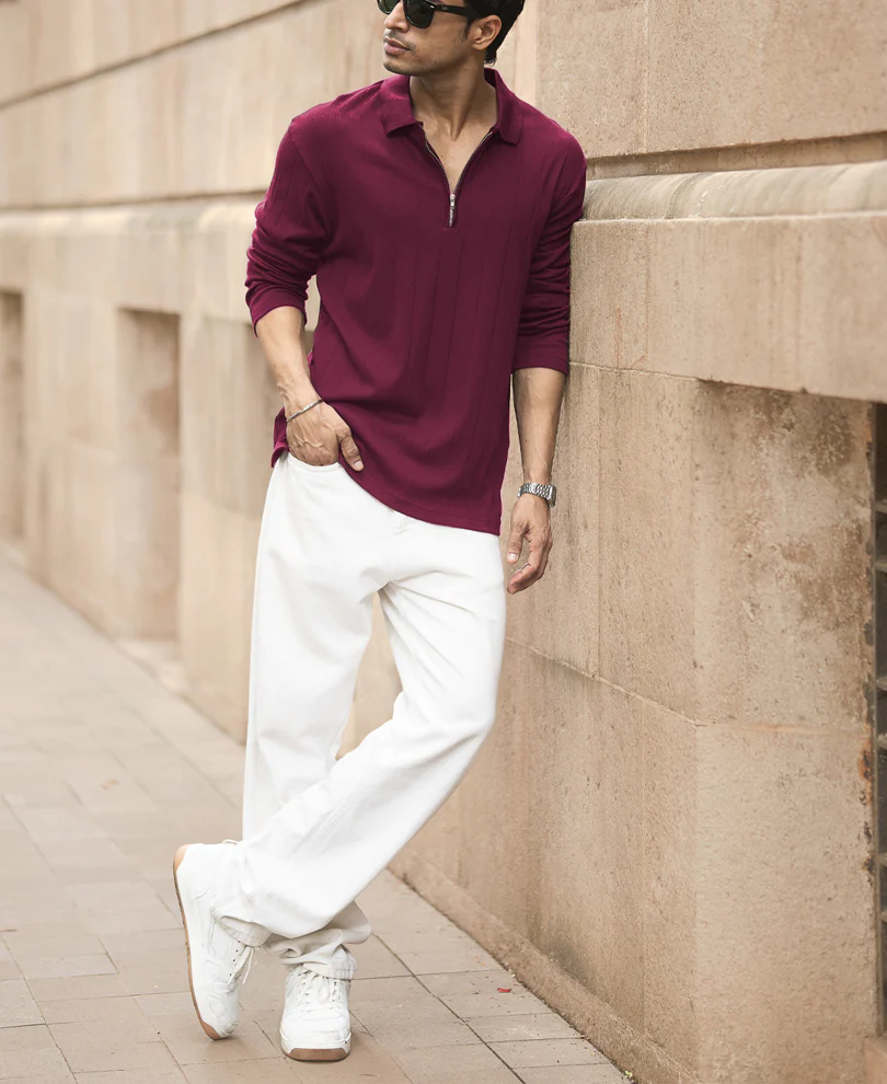 Wine Knitted Zipper Polo T-Shirt - Image 6