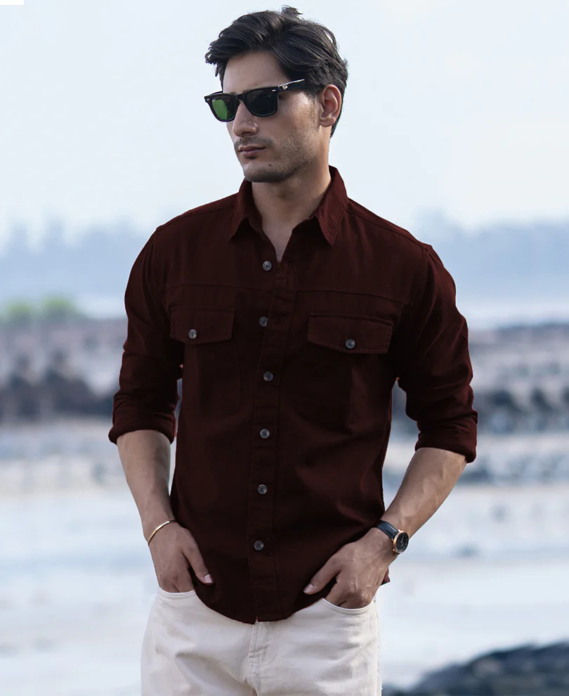 Wine Structured Overshirt With Pockets - Image 3