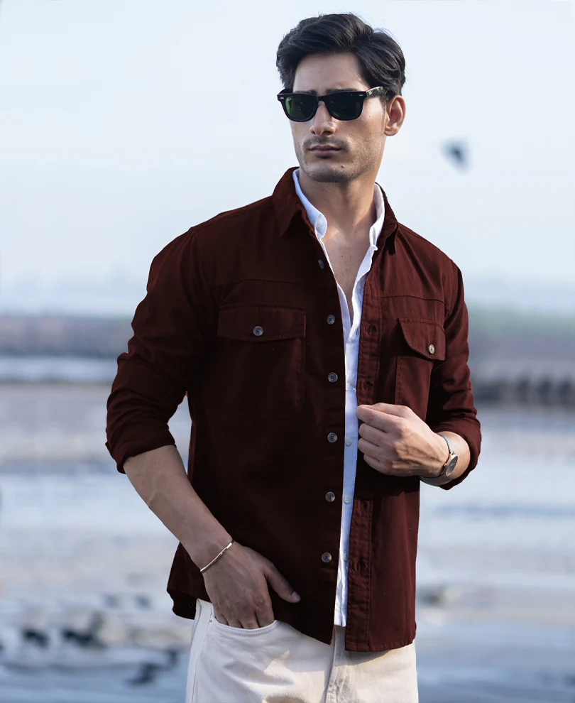 Wine Structured Overshirt With Pockets - Image 4