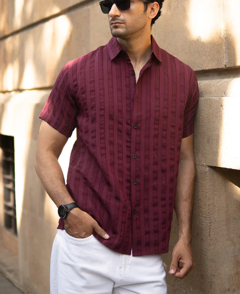 Wine Structured Self Striped Shirt - Image 2