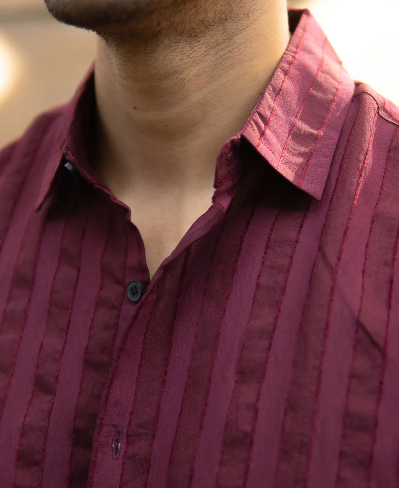 Wine Structured Self Striped Shirt - Image 4