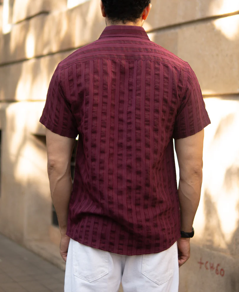 Wine Structured Self Striped Shirt - Image 5