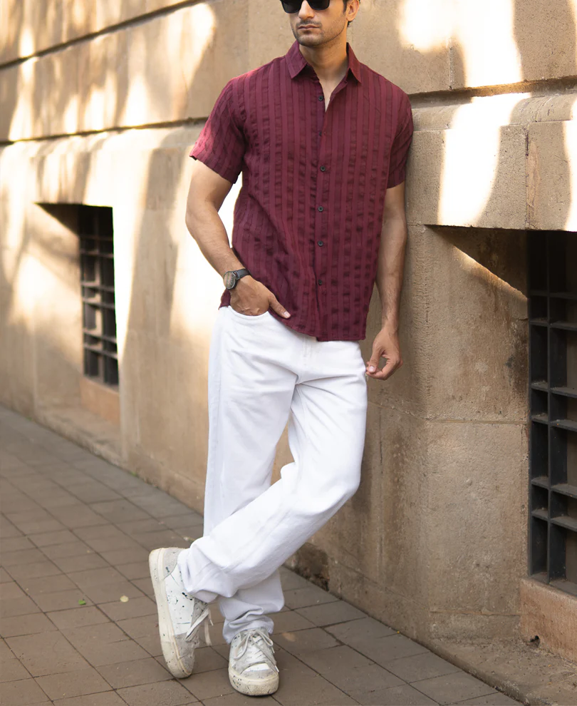 Wine Structured Self Striped Shirt - Image 6