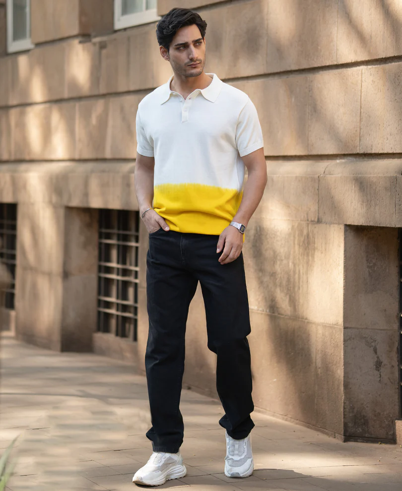Yellow Ombre Knit Polo T-Shirt - Image 7