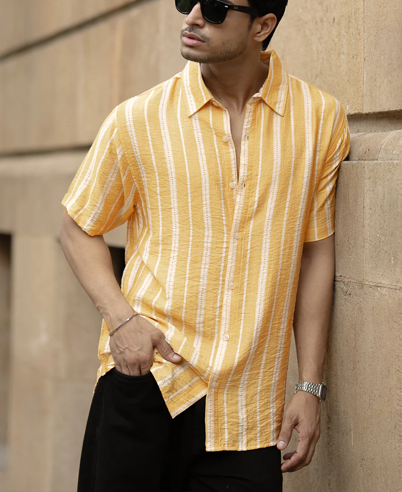 Yellow Printed Stripe Flowy Shirt - Image 2